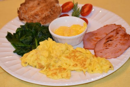 Breakfast Main Course Local Scrambled Eggs Canadian Bacon Vegetables